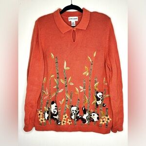 Vintage Alfred Dunner Knitted Cottage Core Embroidered Pandas Collared Sweater